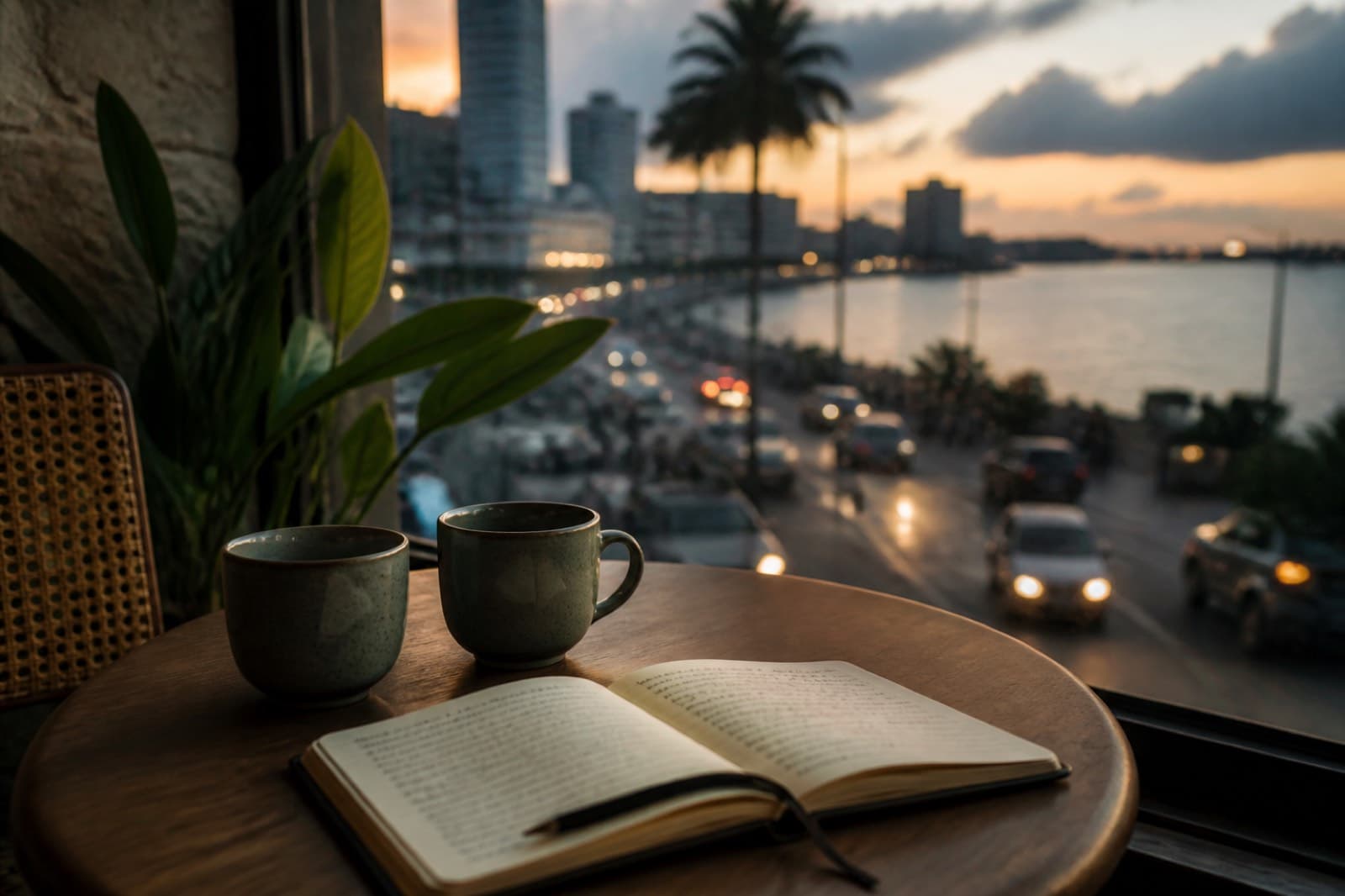 Two cups and a notebook by a window at dusk