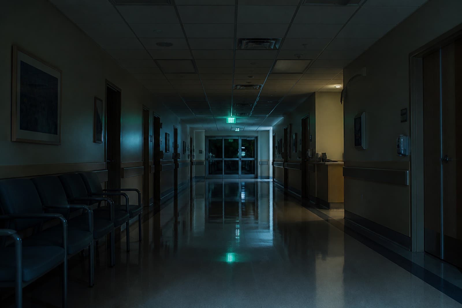 An empty clinic corridor at night
