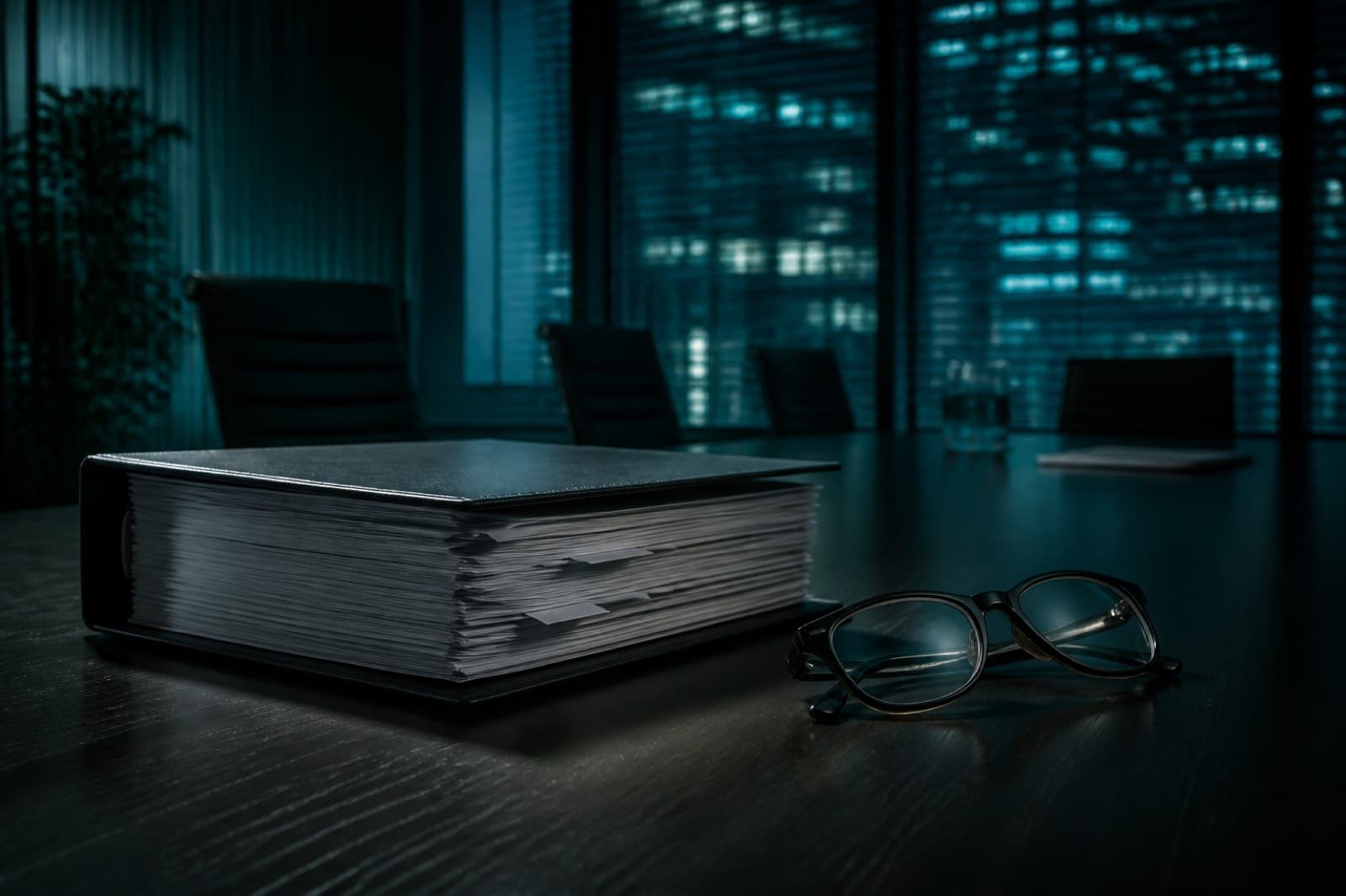 A policy binder on a conference table at night