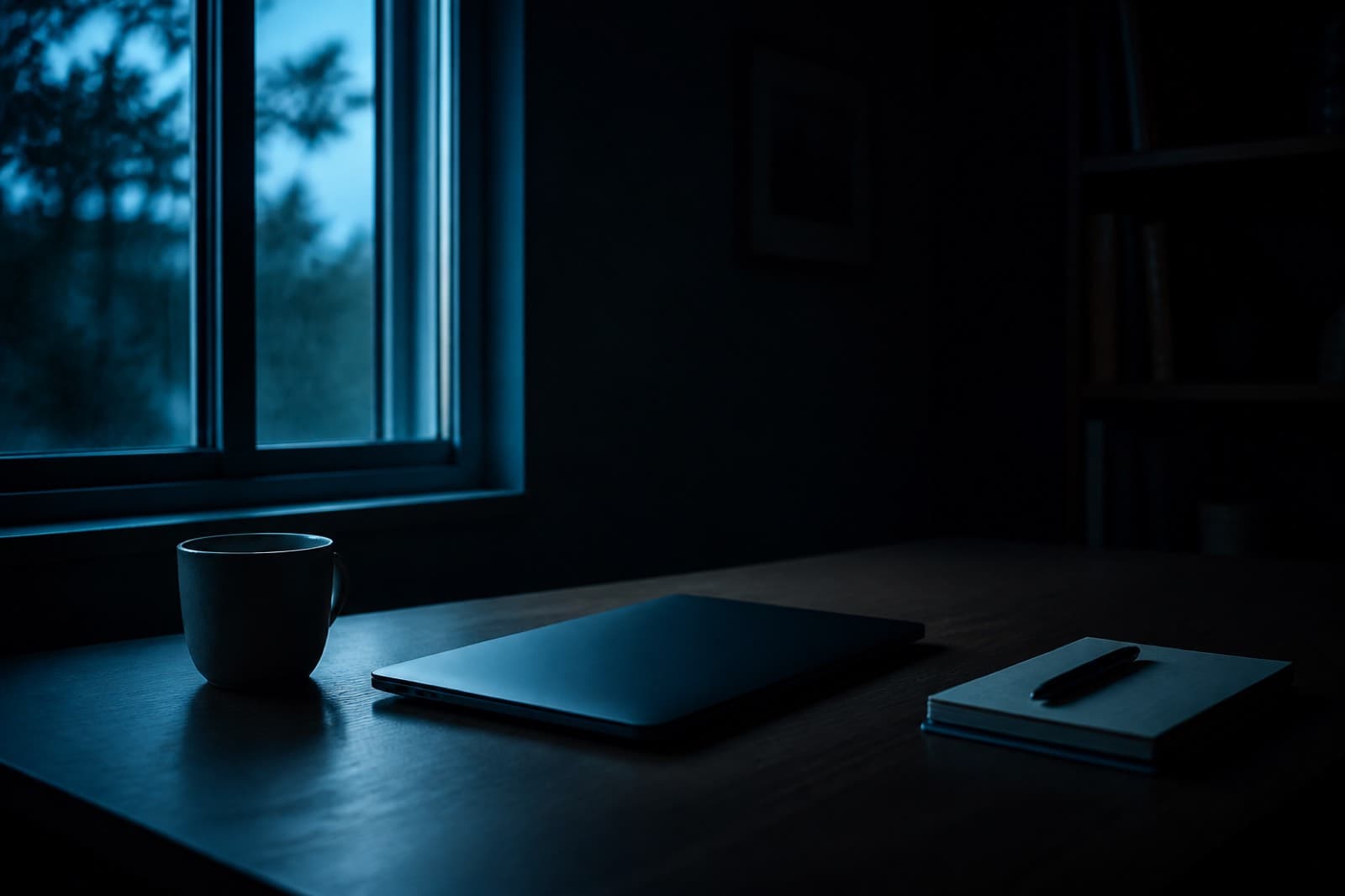 A quiet desk at dusk with a laptop and a notebook