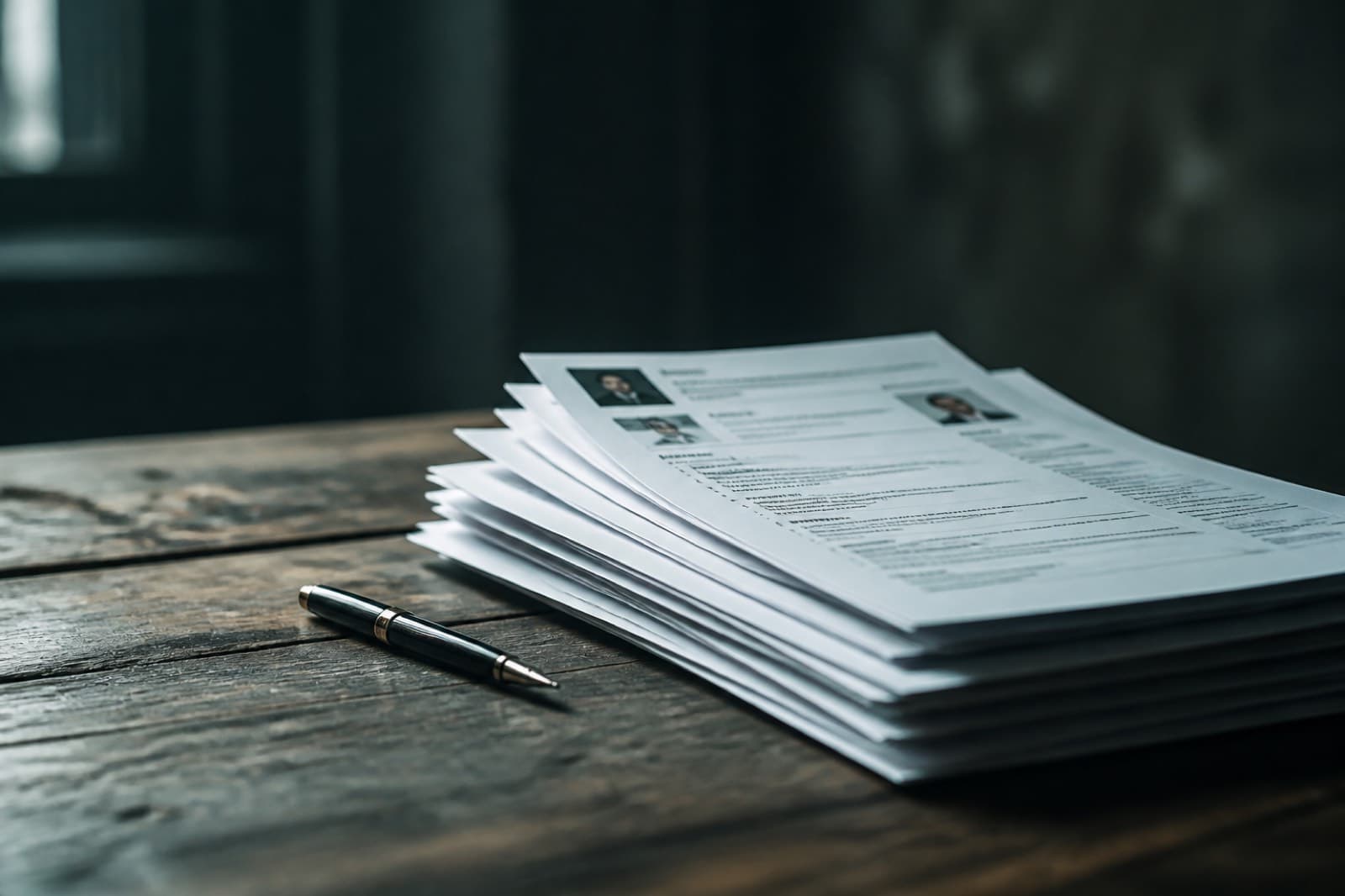 A short stack of paper resumes on a wooden table