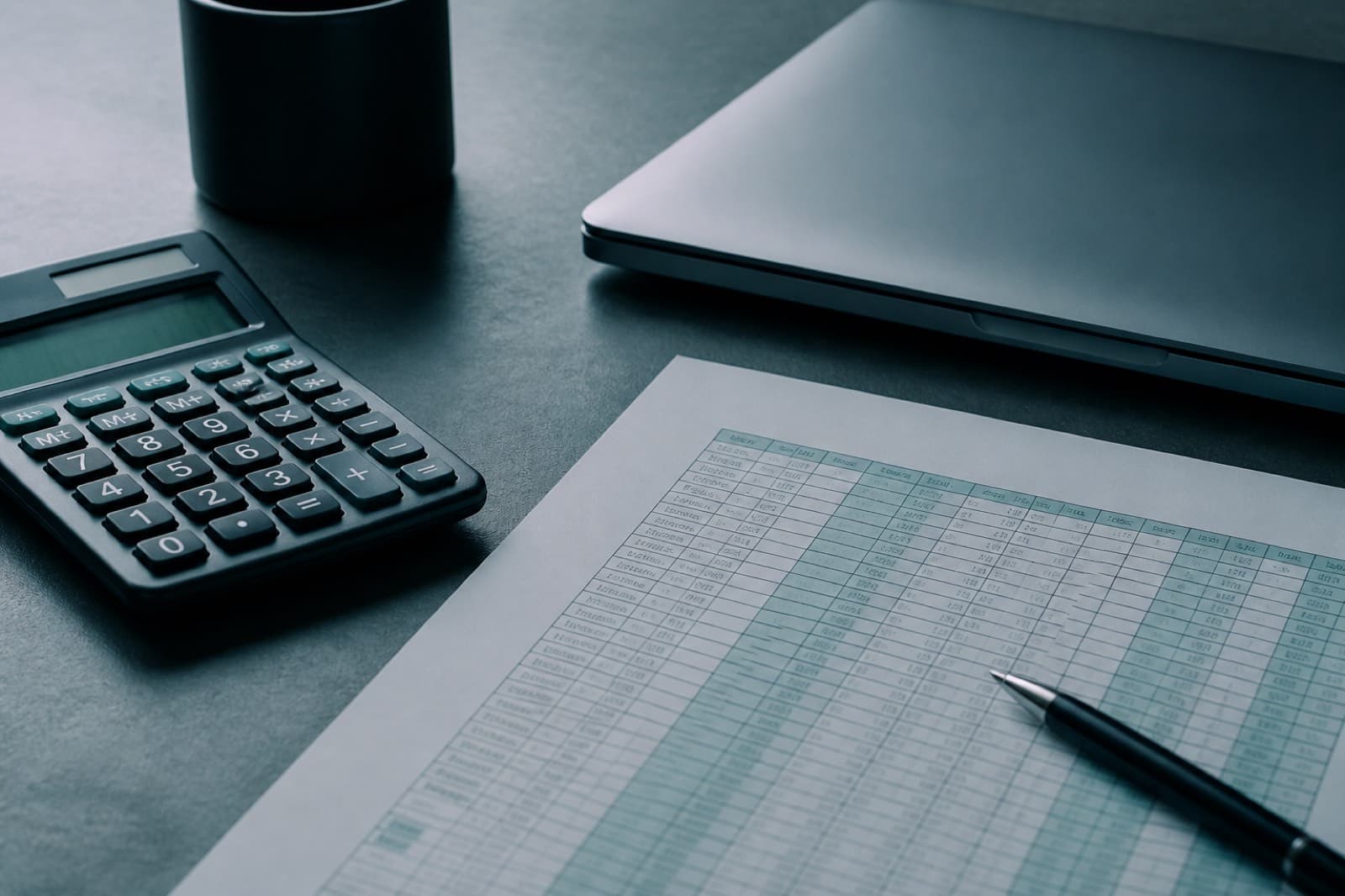 A calculator and ledger on a dark desk