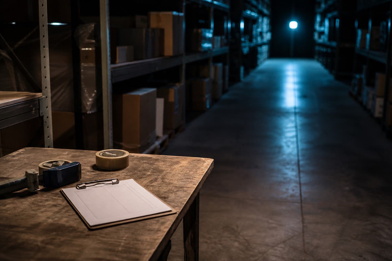 A clipboard in a warehouse aisle