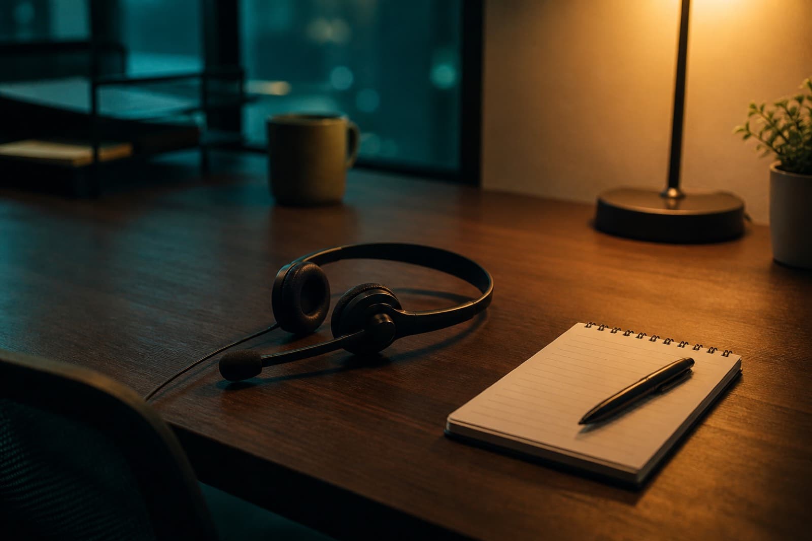 A headset and notepad on a dark support desk