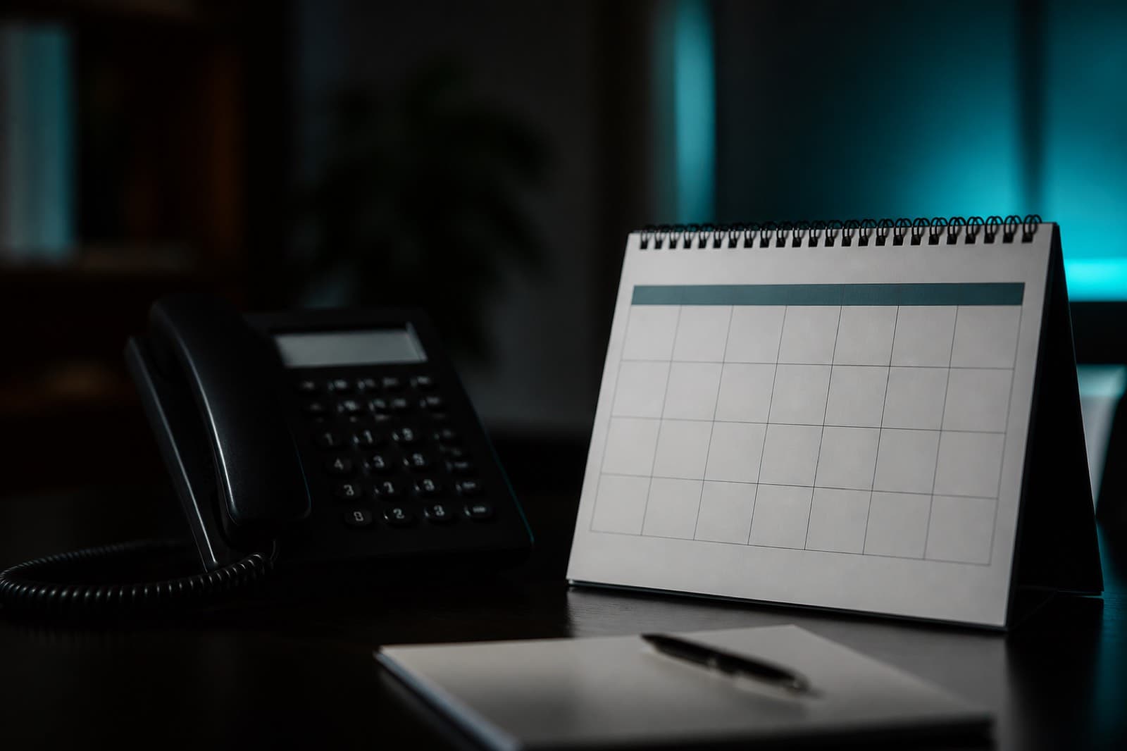 A desk phone and a paper calendar in low light